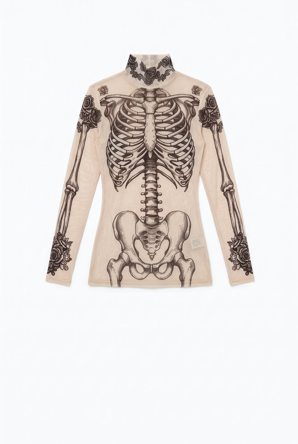 Women's Y2K Skull Ribcage Floral Print Sheer Mesh Top Long Sleeve Mock Turtle Neck Sexy See Through Bodycon Shirt