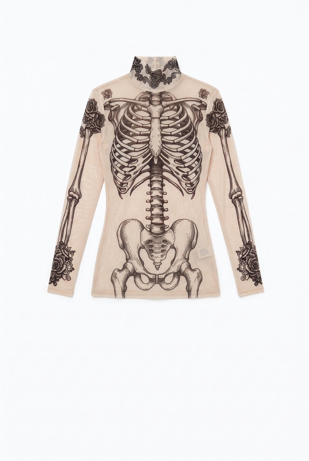 Women's Y2K Skull Ribcage Floral Print Sheer Mesh Top Long Sleeve Mock Turtle Neck Sexy See Through Bodycon Shirt