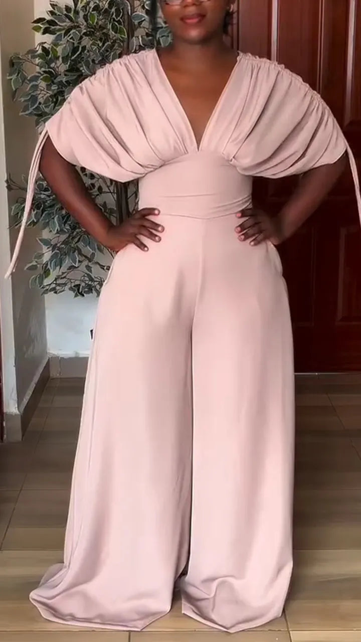 Women V-neck Spliced solid Color Temperament Casual Jumpsuit