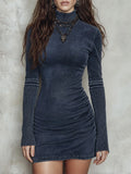 Boho Washed Indigo Denim Mock Neck Long Sleeve Ruched Mini Dress with Ribbed Sleeves