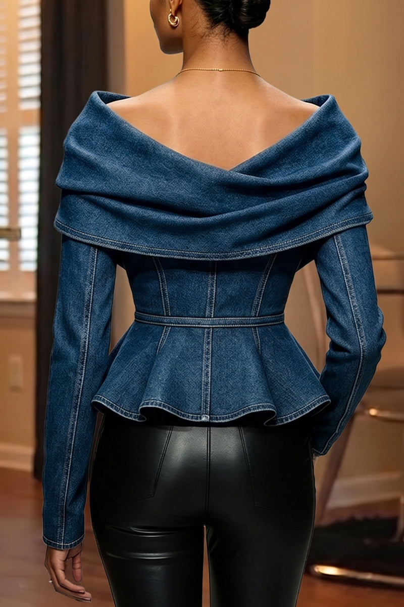 Women's Fashion Off Shoulder Draped Cowl Neck Peplum Hem Denim Blouse
