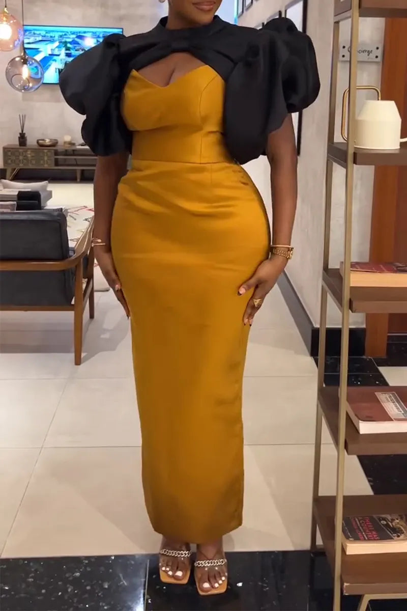 Women's Elegant Oversized Puff Sleeve Color-Block Dress 2 Piece Set