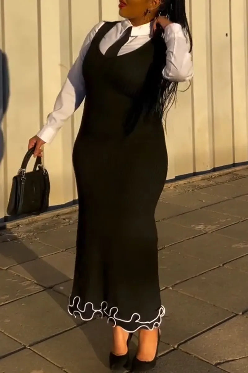 Women Elegant Temperament Collar Shirt or Knitted Slim Fit Dress
