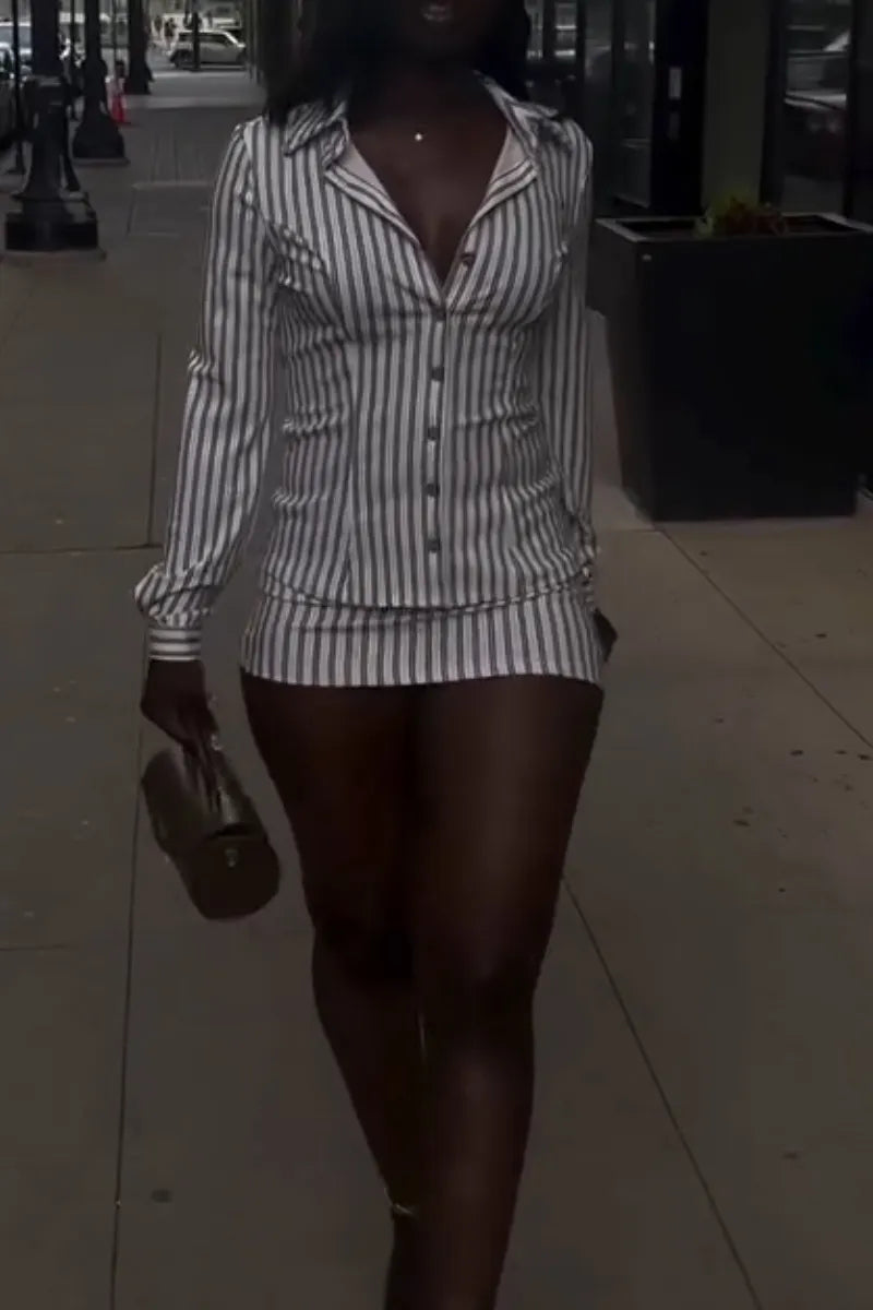 Women Collar Vertical Striped Shirt + Half Skirt Elegant Casual Set