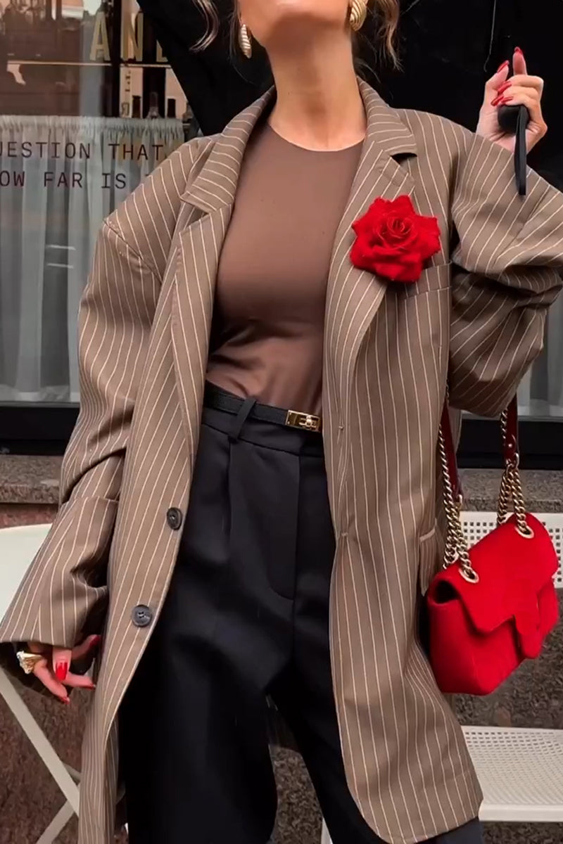 Women's Lapel Oversized Stripe Blazer with Flower
