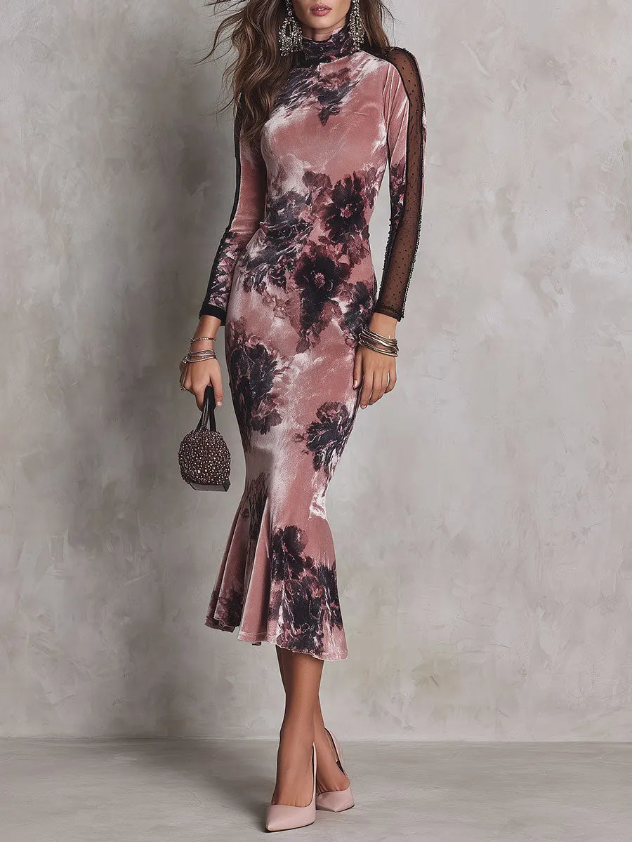 Elegant Dusty Pink Floral Print Velvet Mock Neck Long Sleeve Mesh Panel Mermaid Midi Dress