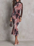 Elegant Dusty Pink Floral Print Velvet Mock Neck Long Sleeve Mesh Panel Mermaid Midi Dress