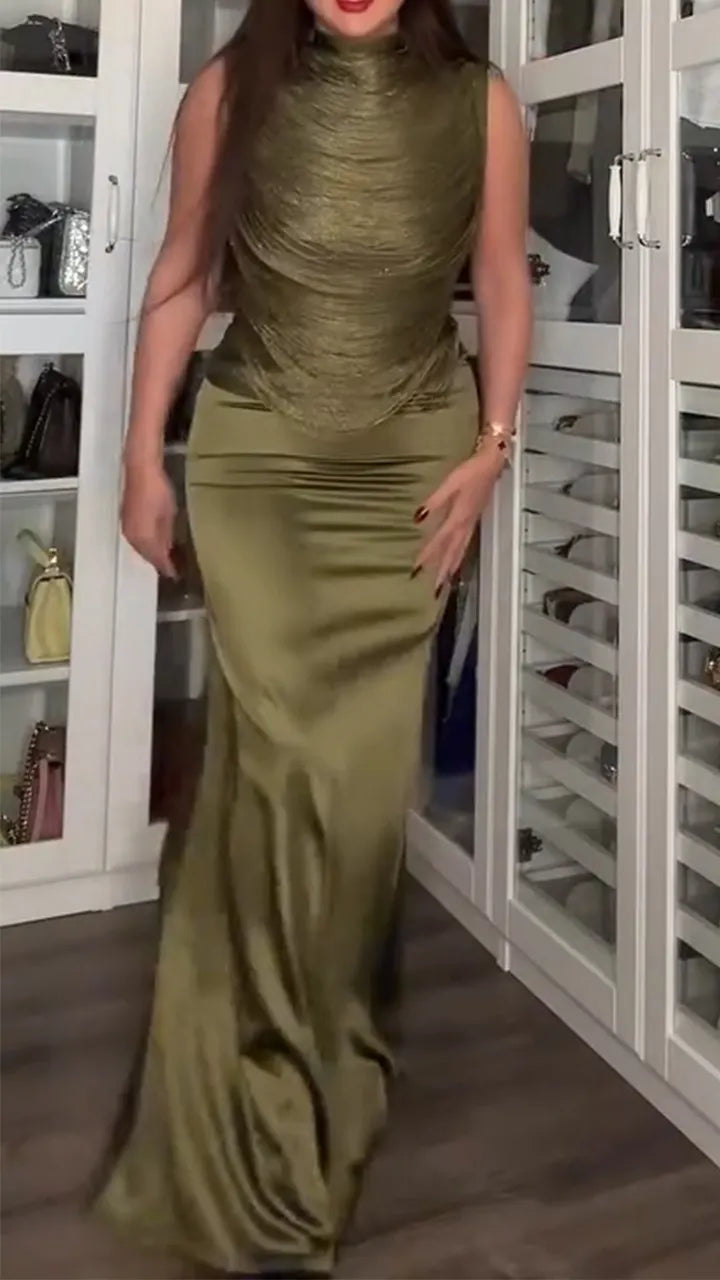 Women Round Neck Top+ Half Skirt Solid Color Elegant Temperament Set