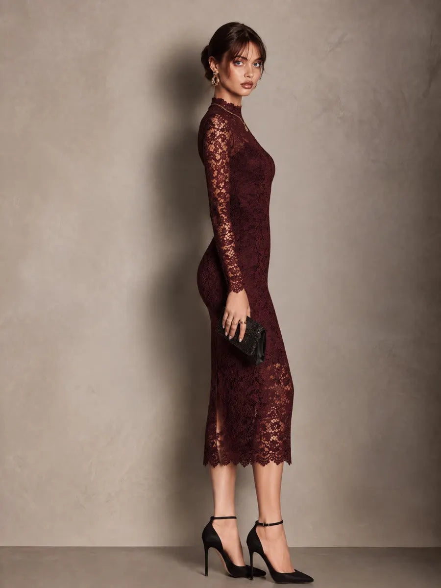 Burgundy Floral Lace Mock Neck Long Sleeve Bodycon Midi Dress with Scalloped Hem
