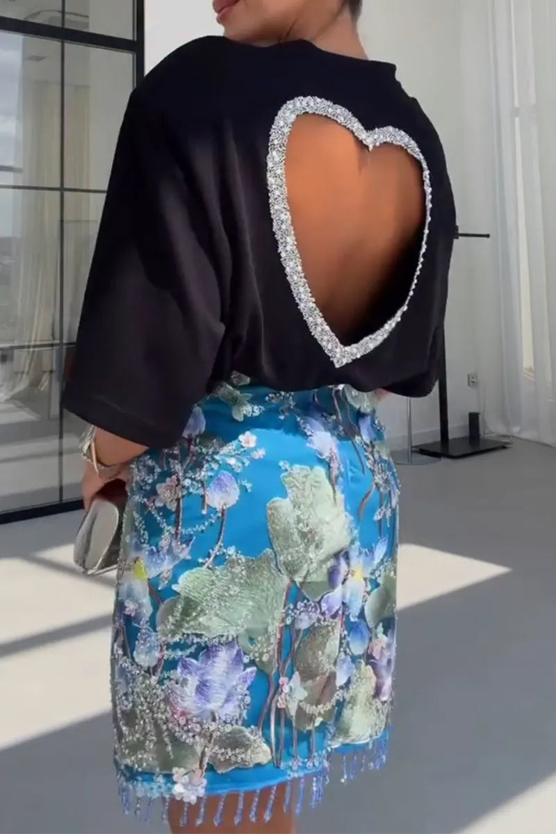 Women's Round Neck Back Hot Pressed Diamond Heart Hollow Top or Printed Sequin Tassel Half Skirt