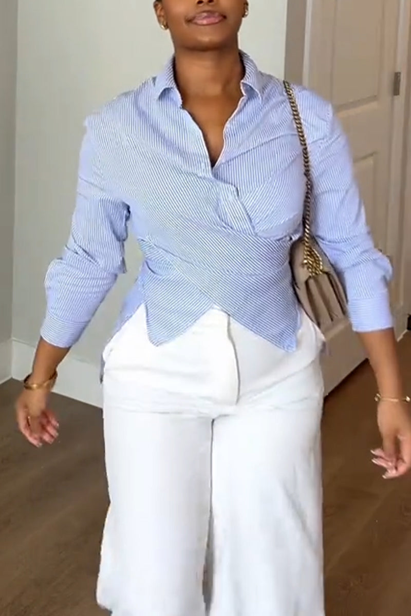 Women Collar Solid Color Shirt or Wide Leg Pants