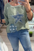 Women Round Neck Patchwork Printed or Sequined Washed Denim Jeans