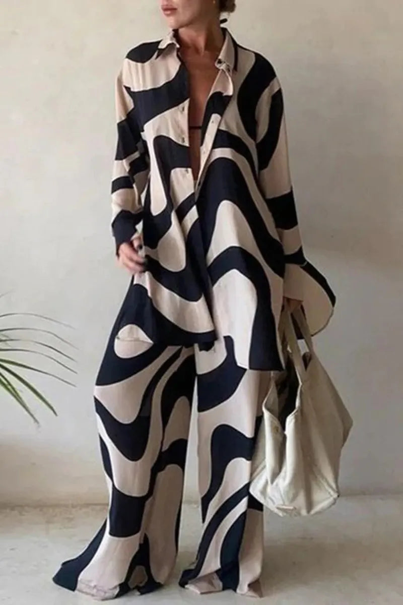 Ladies' Lapel Printed Top+pants Loose Casual Suit