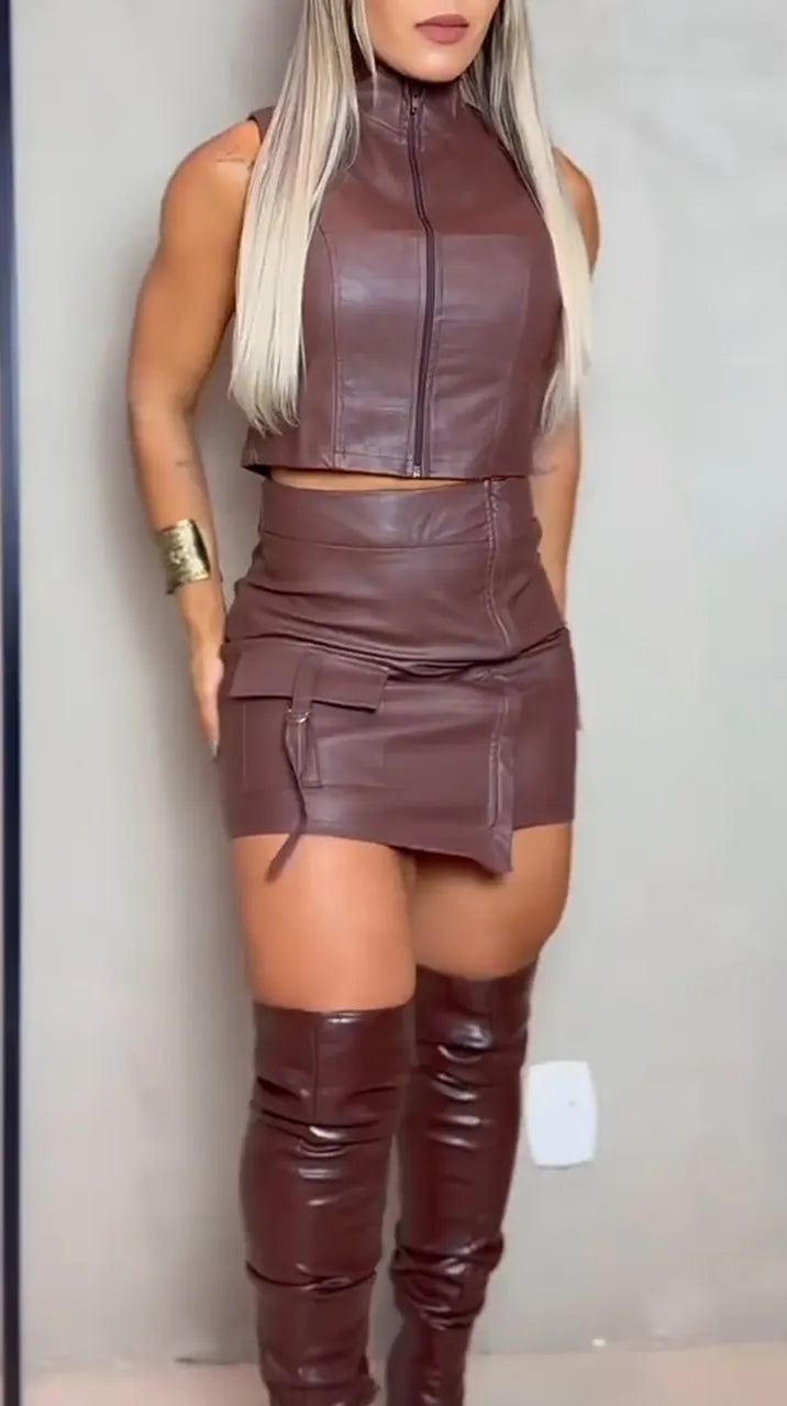 Women Round Neck Sleeveless Zipper Leather Top + Patchwork Skirt Sexy Temperament Casual Set