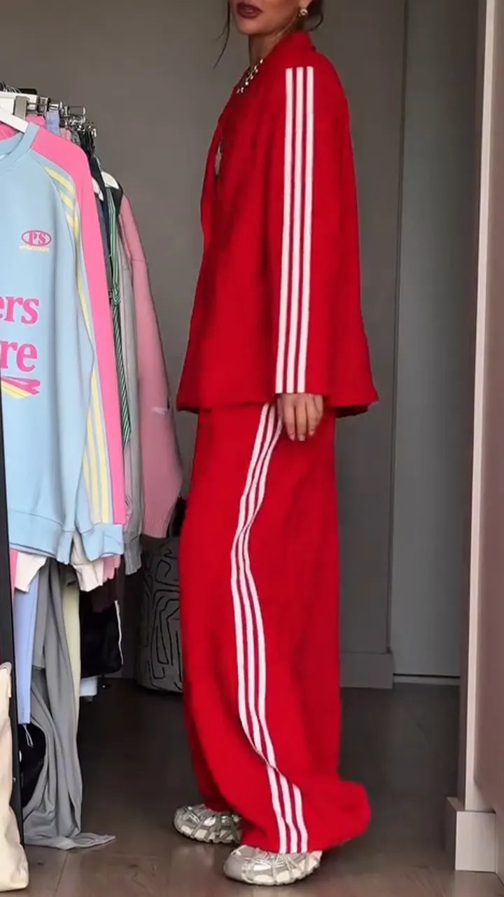Ladies Collar Striped Casual Suit