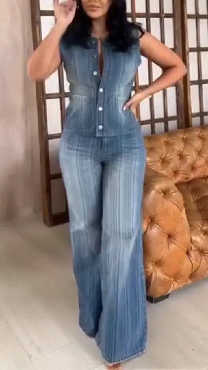 Women Round Neck Vertical Breasted Wash Top+ Pants Casual Denim Suit