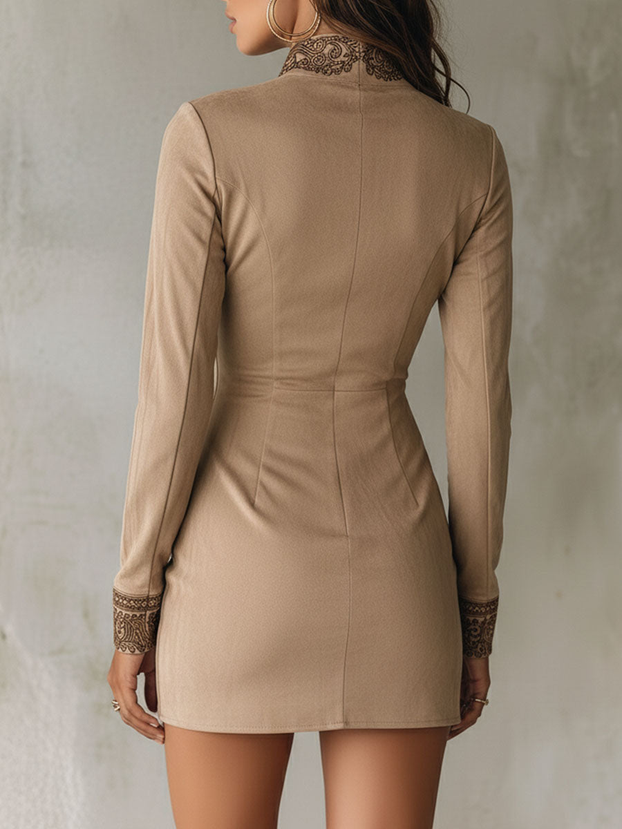 Vintage Beige Zip-Up Embroidered Microsuede Mini Dress With Pockets