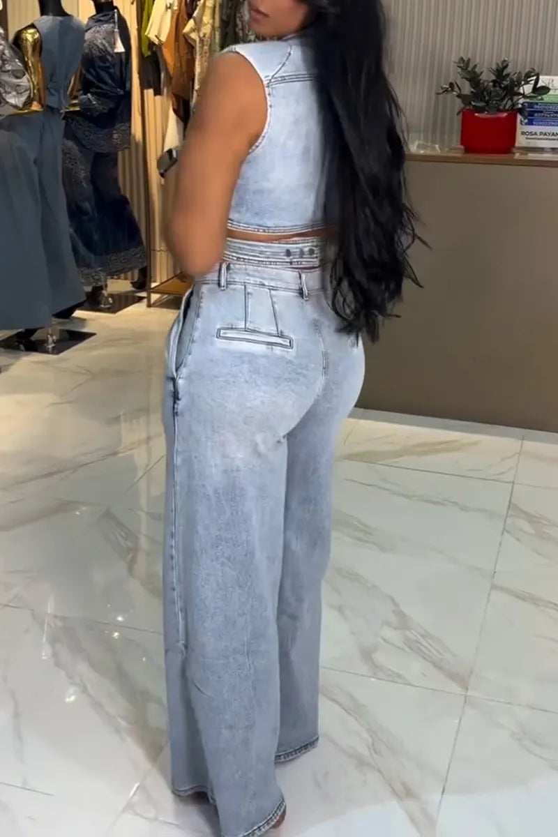 Women's Fashion Lapel Cropped Denim Vest & Jeans