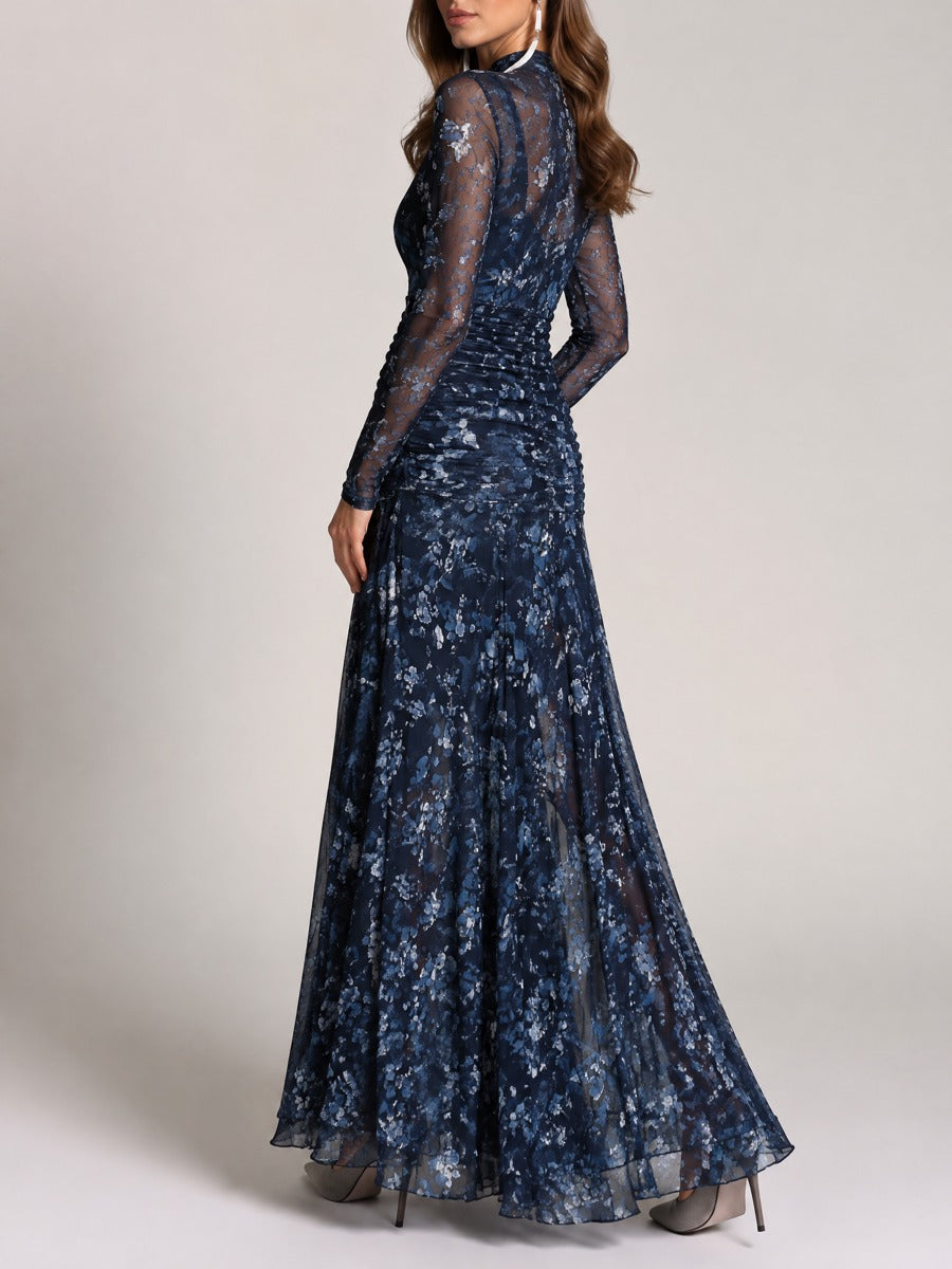 Elegant Mock Neck Navy Floral Print Mesh Ruched Maxi Dress