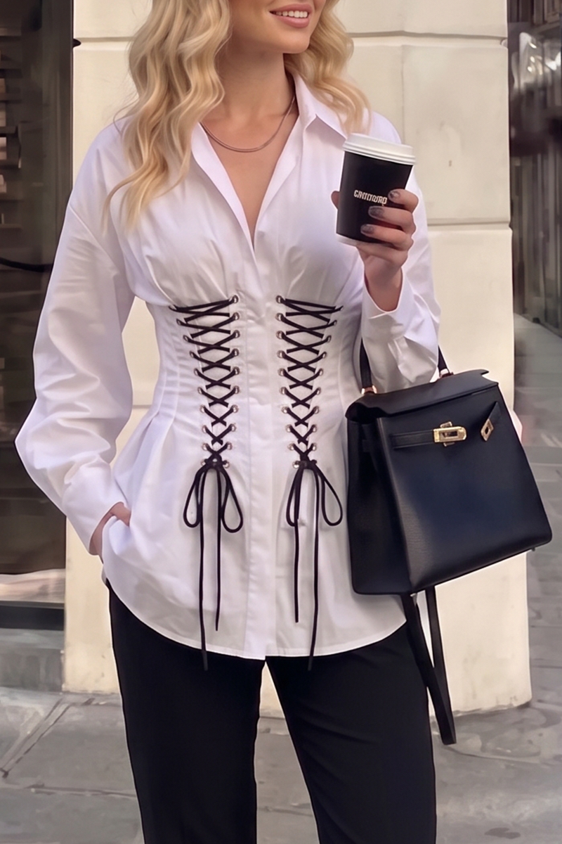 Women's Lace-Up Corset Waist Button Down Blouse Long Sleeve Slimming Peplum Work Shirt