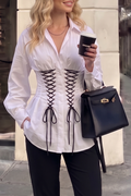 Women's Lace-Up Corset Waist Button Down Blouse Long Sleeve Slimming Peplum Work Shirt