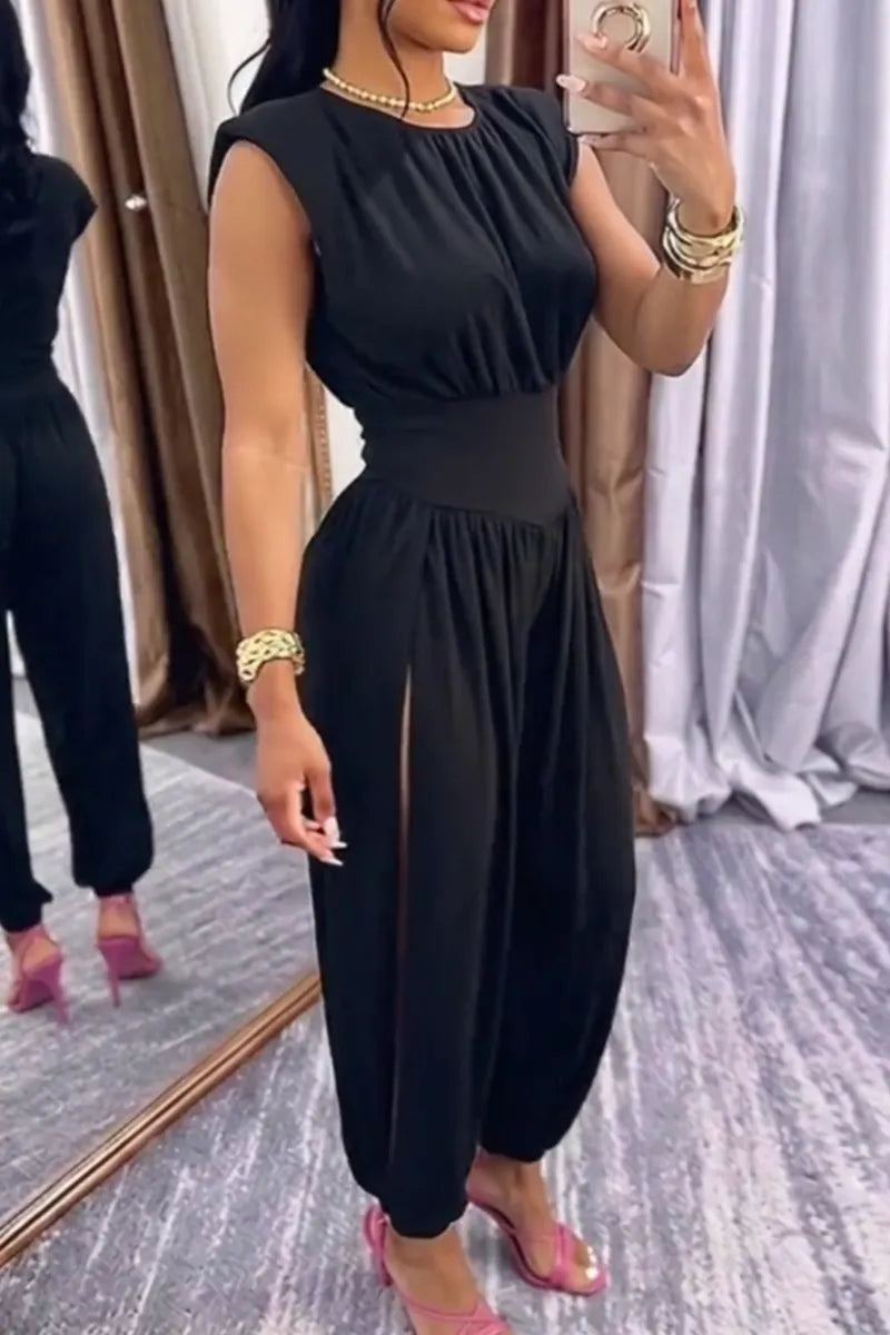 Women Spaghetti Strap Vertically Stitched Loose Casual Jumpsuit
