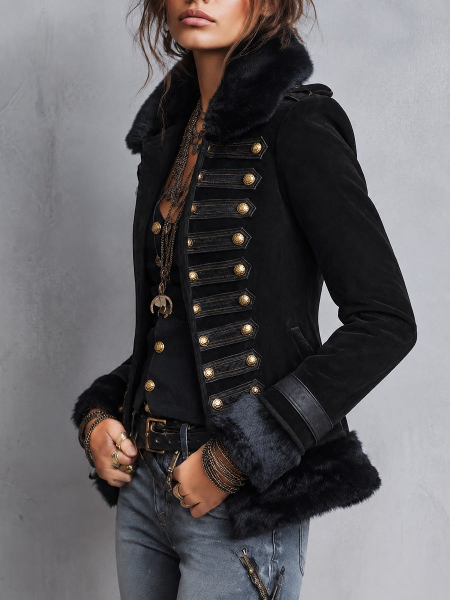 Military Style Faux Fur Collar And Gold Buttons Faux Suede Jacket