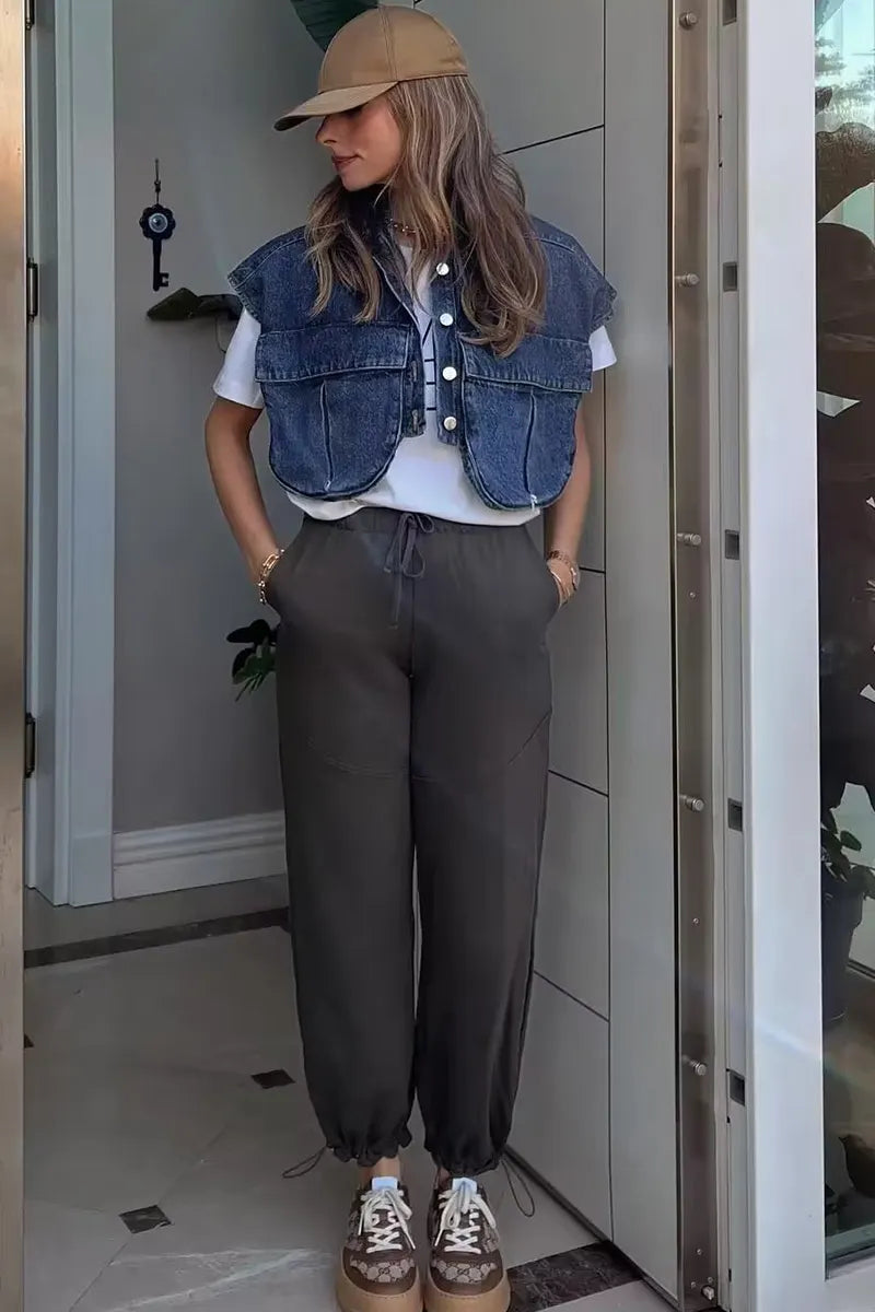 Women Casual Cropped Denim Vest With Pockets