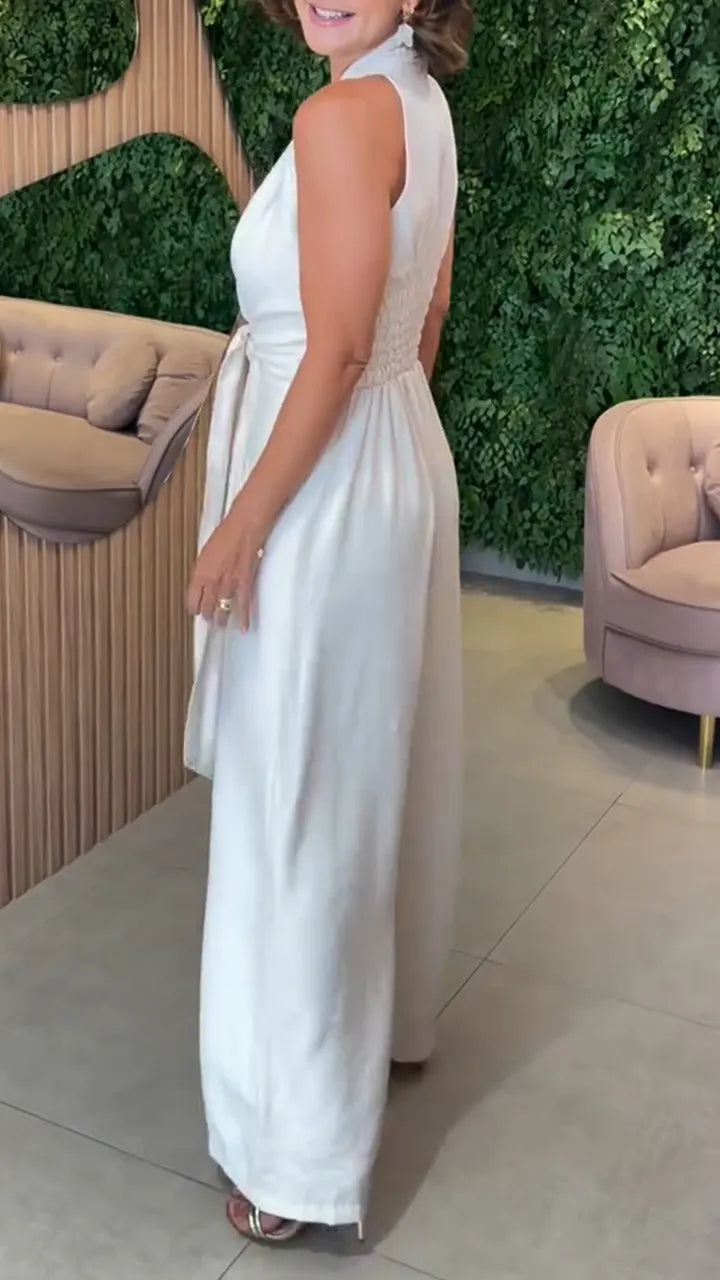 Women Halter Neck Solid Color Casual Jumpsuit