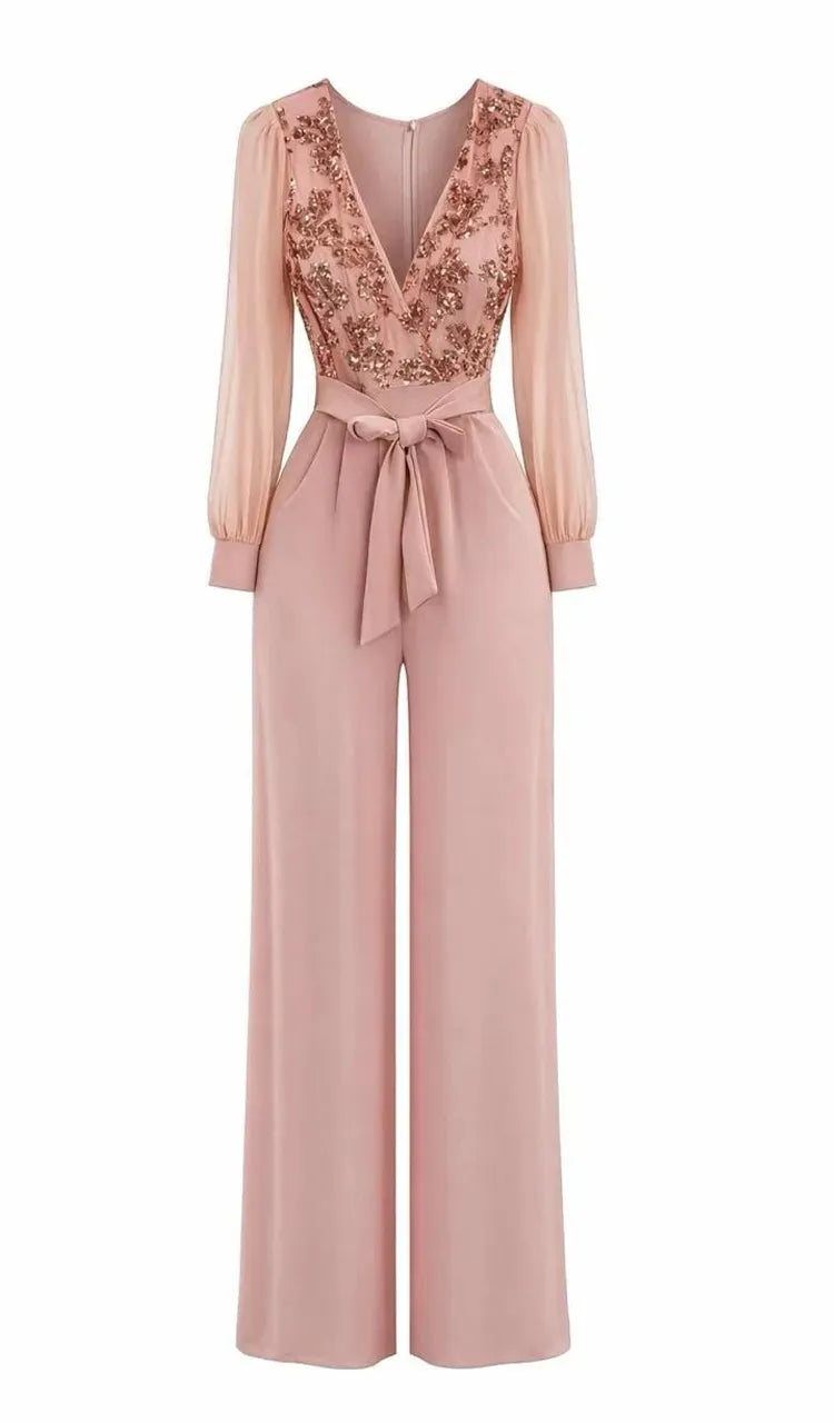 Women V-neck Sequin Patterned Casual Jumpsuit with Temperament