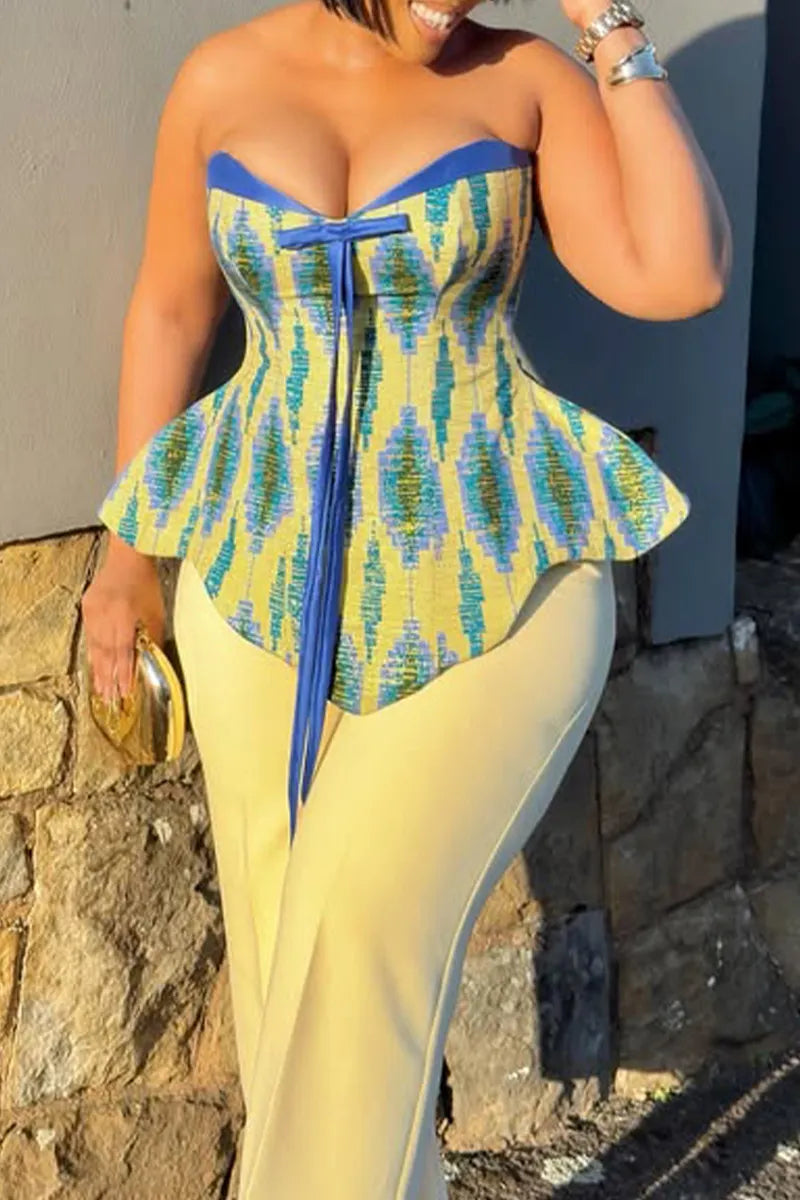 Women Elegant Casual Strapless Printed Irregular Tops or Wide Leg Pants