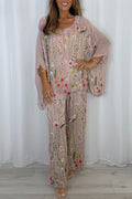 Women U-neckfloral Pattern Top+Wide Leg Pants Loose Casual Set