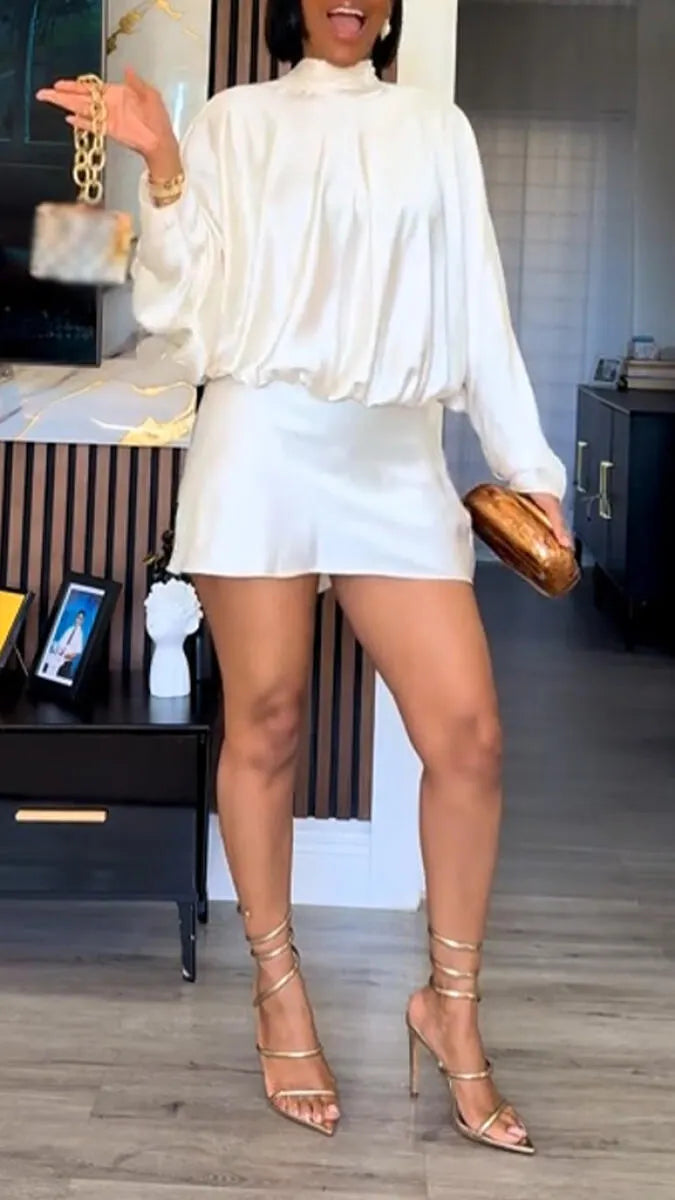Women Round Neck Long Sleeved Top + Skirt Elegant Temperament Suit