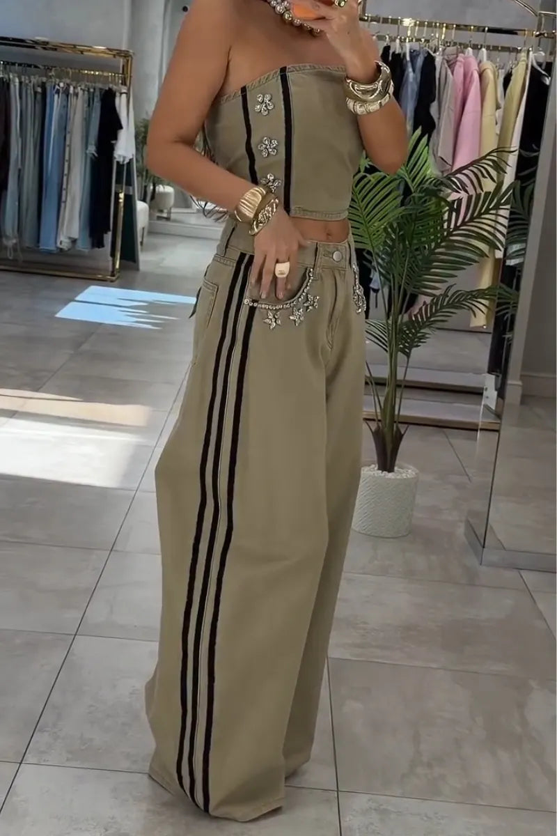 Women Denim Strapless Top with Rhinestones or Side Vertical Stripe Wide Leg Jeans