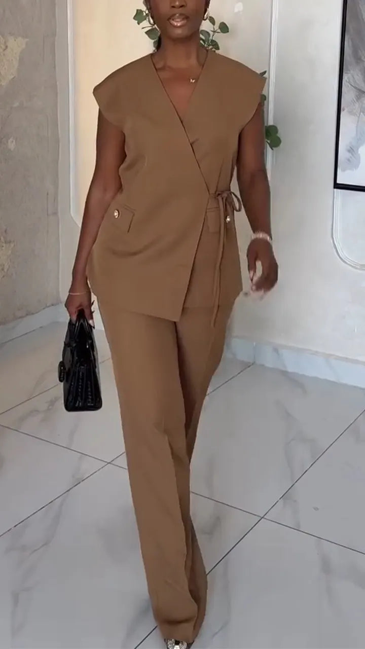 Women V-neck Jacket + Pants Temperament Commuting Suit