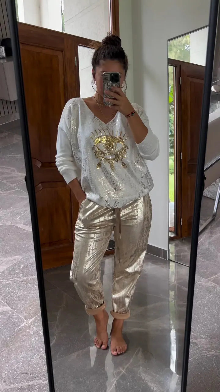 Ladies' V-neck Hot Stamping Printed Top + Pants Casual Set