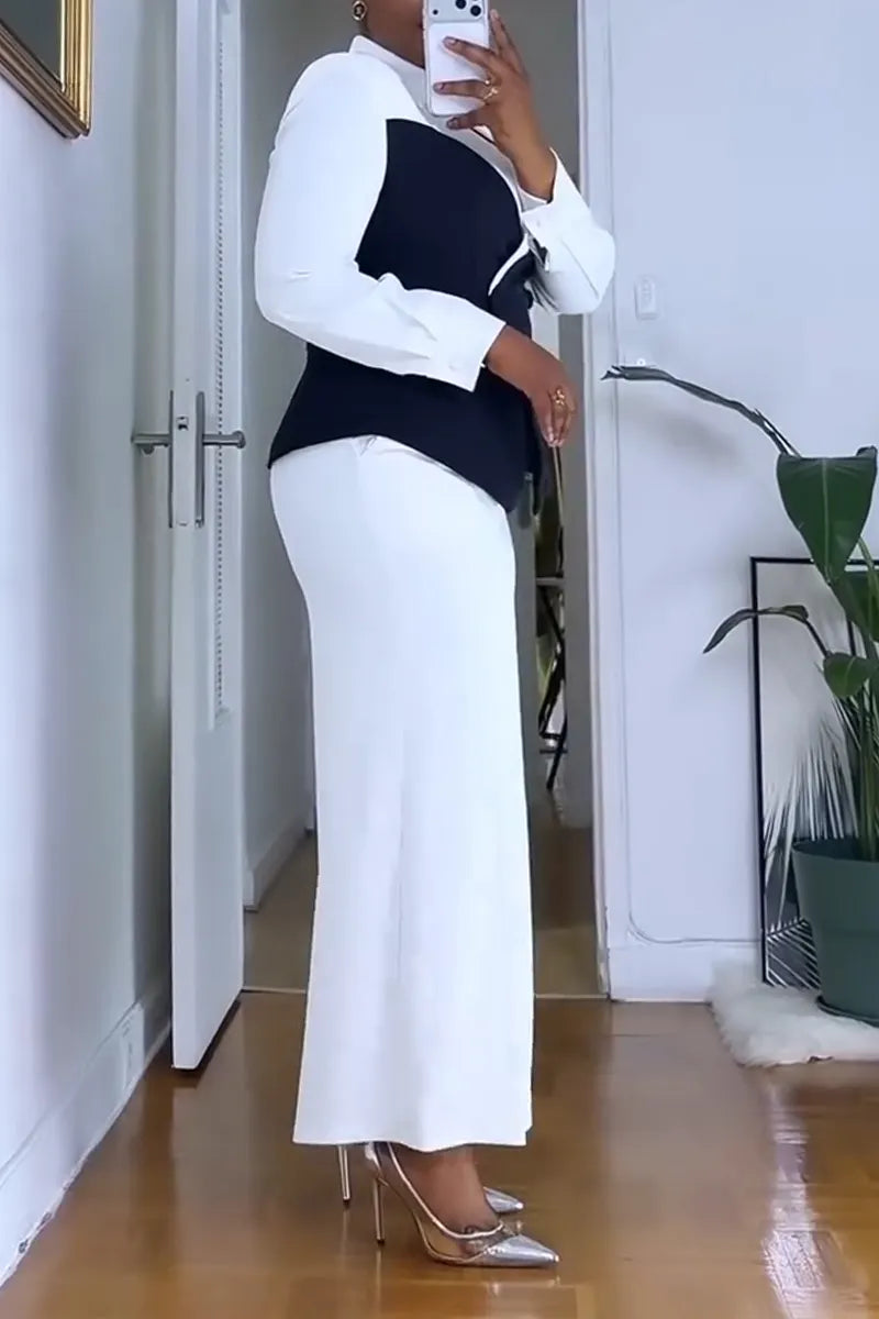 Women Collar Contrasting Jacket+ Pants Temperament Commuting Formal Suit