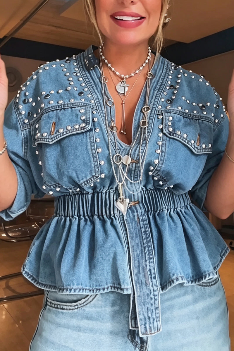 Women's Fashion Rivet Decoration Waist Cinching Denim Jacket