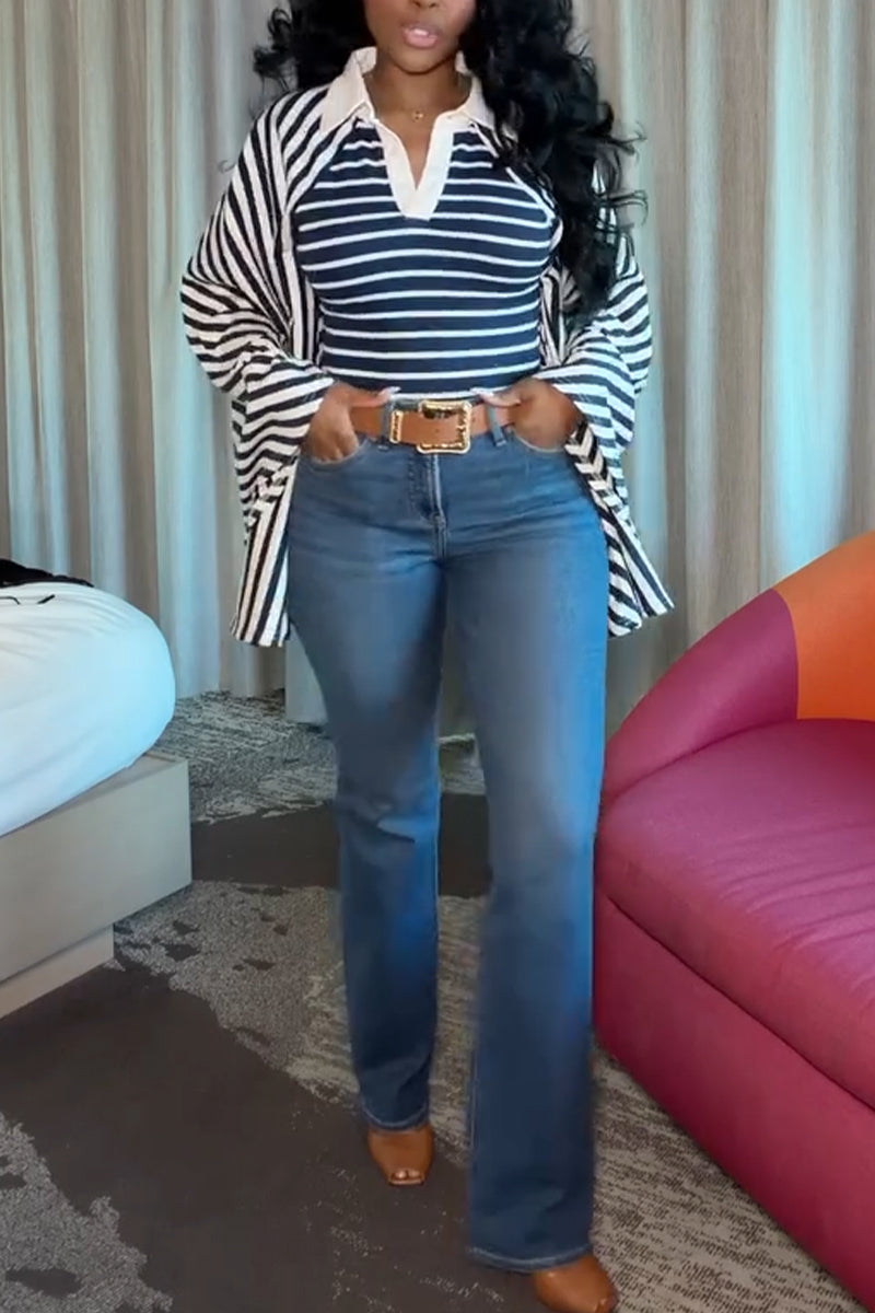 Women's Collar Patchwork Striped Casual Top
