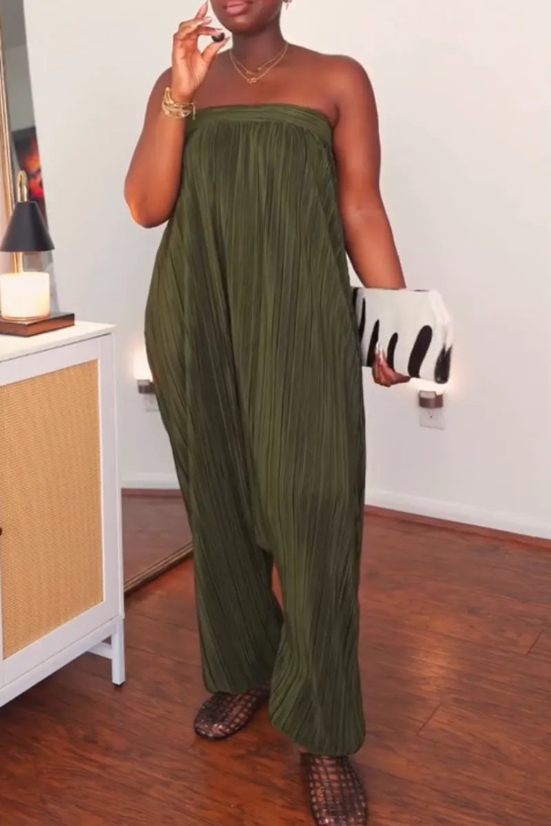 Women Strapless Solid Color Loose Casual Jumpsuit