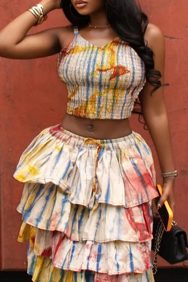 Women's Tie-Dye Spaghetti Strap Crop Top Or Layered Ruffle Skirt