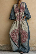 Ladies' Elegant Retro Printed V-Neck 3/4 Sleeve Cotton And Linen Jumpsuit