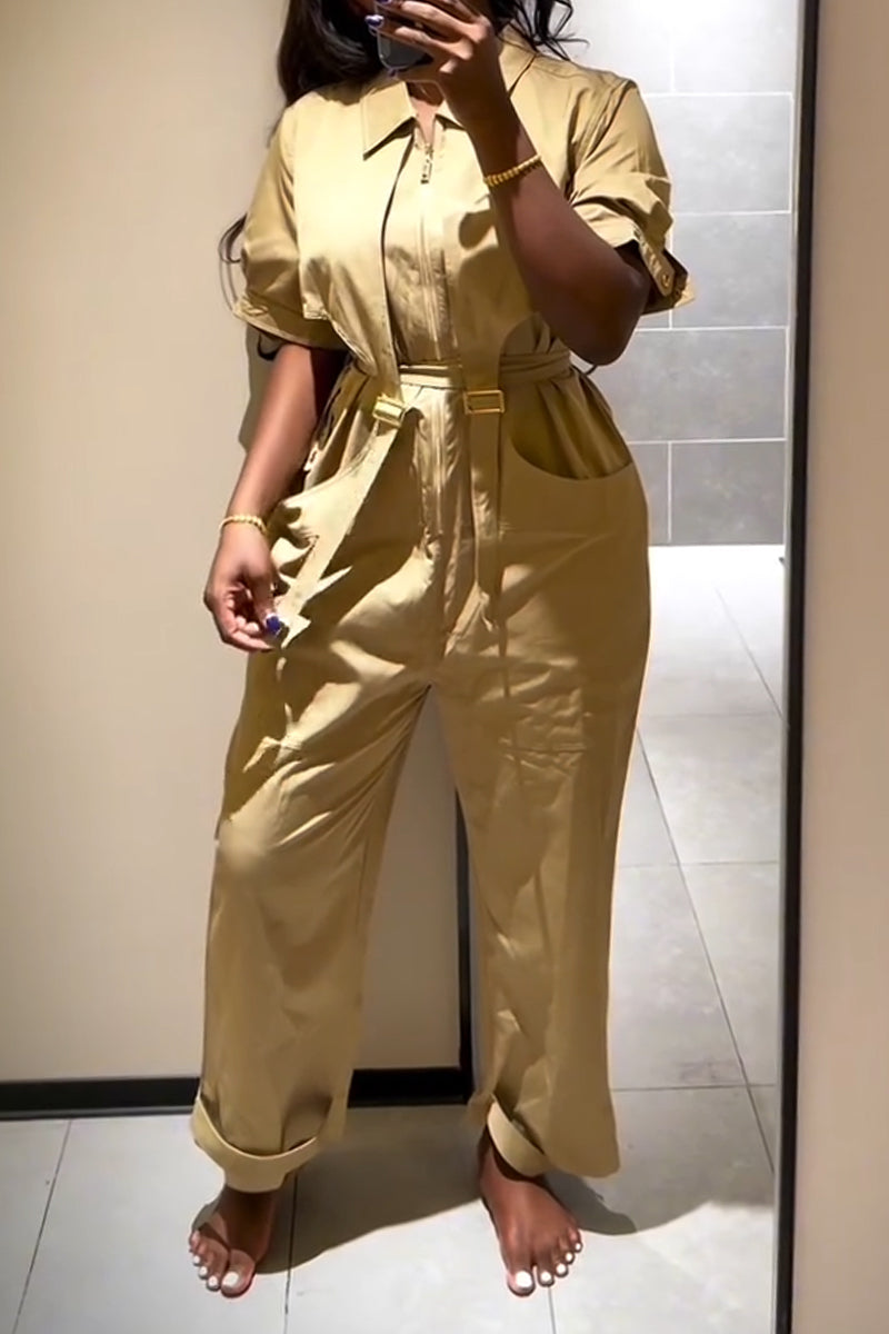 Women Collar Zipper Splicing Casual Jumpsuit