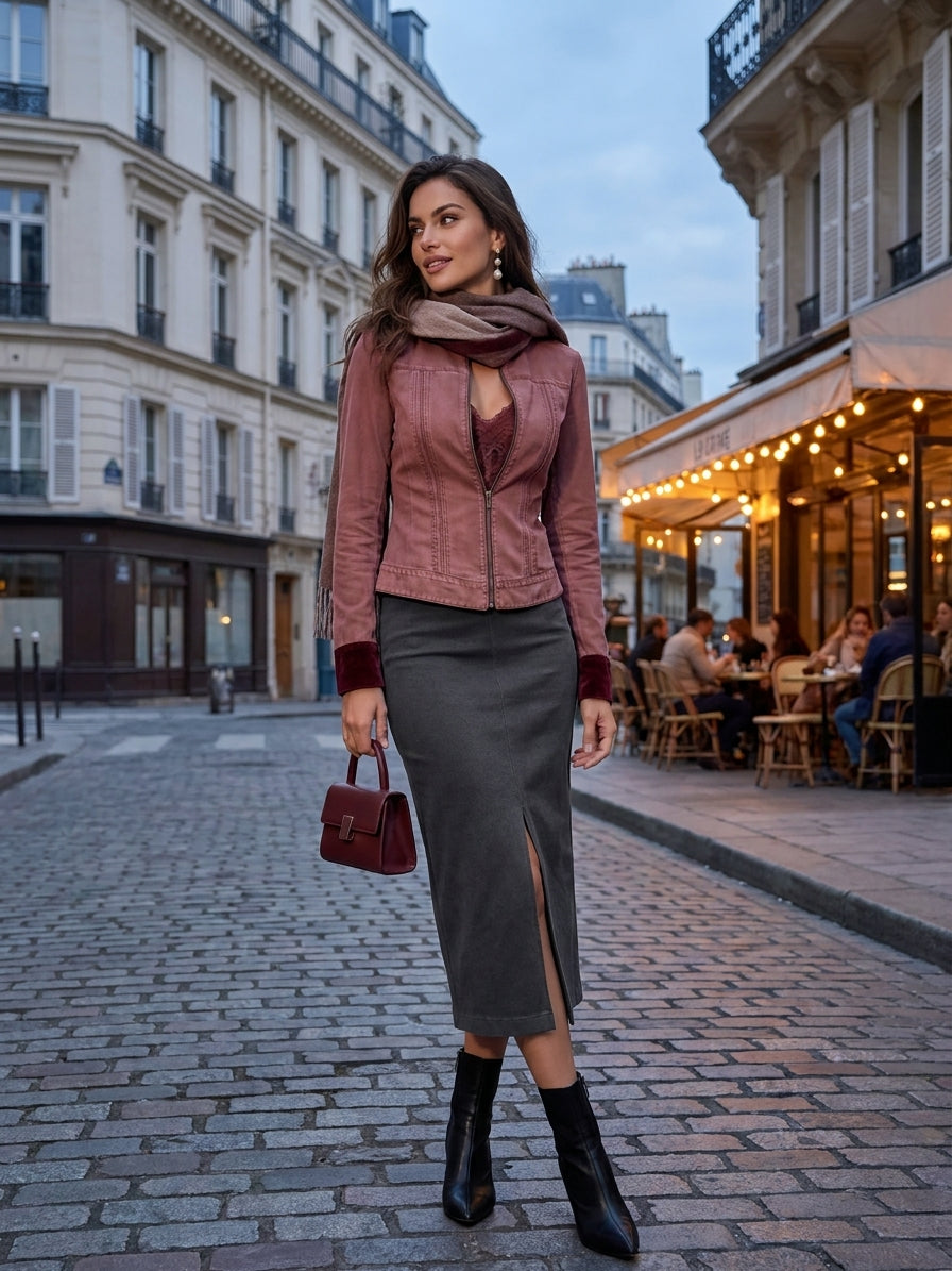 Boho Dusty Rose Fitted Zip-Up Jacket with Burgundy Velvet Collar