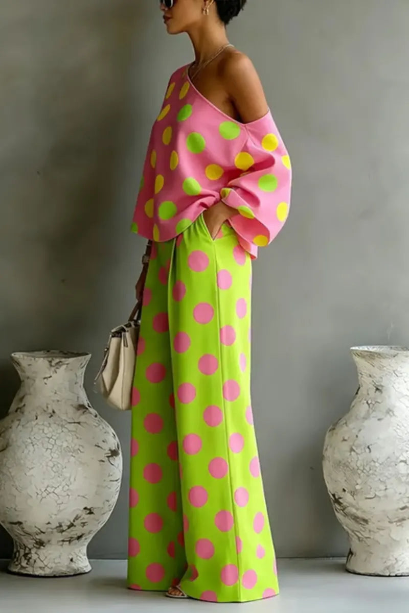 Women Colorful Polka Dot Off Shoulder Top+ Wide Leg Pants Two-piece Set