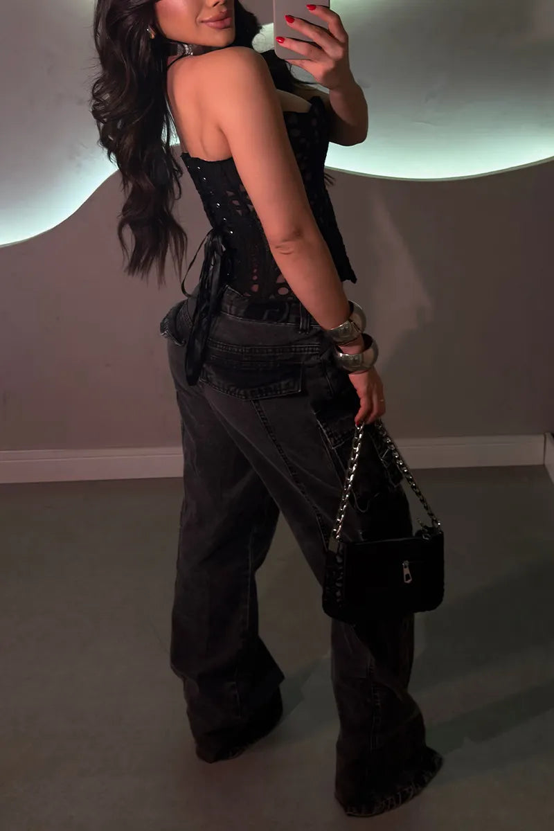 Women's Sexy Casual Strapless Fishbone Top or Patchwork Multi Pocket Jeans