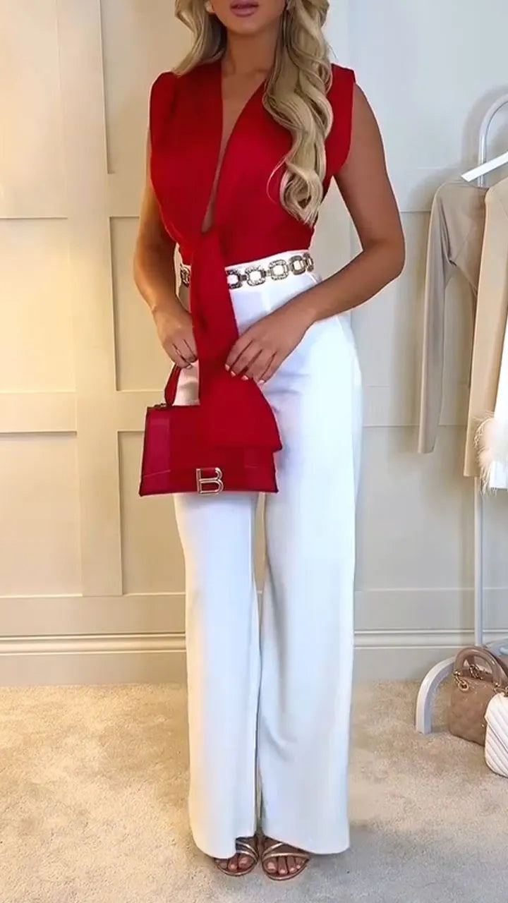 Women Deep V-neck Jumpsuit+ Pants Temperament Casual Suit