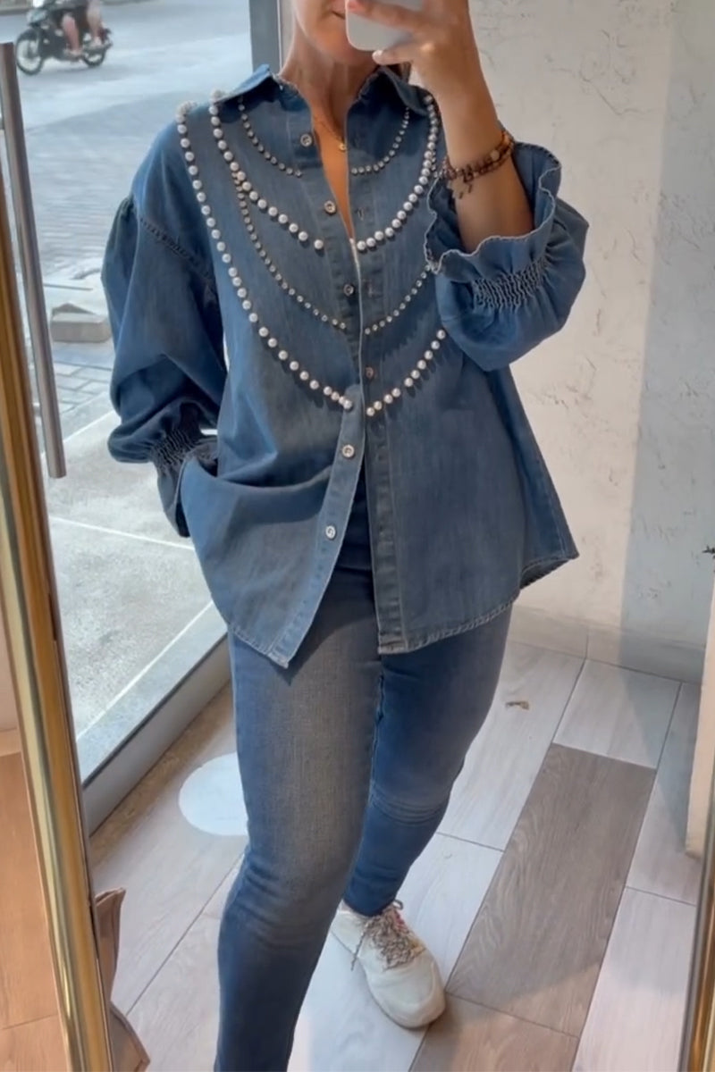 Women's Lapel Nail Beads Casual Denim Shirt