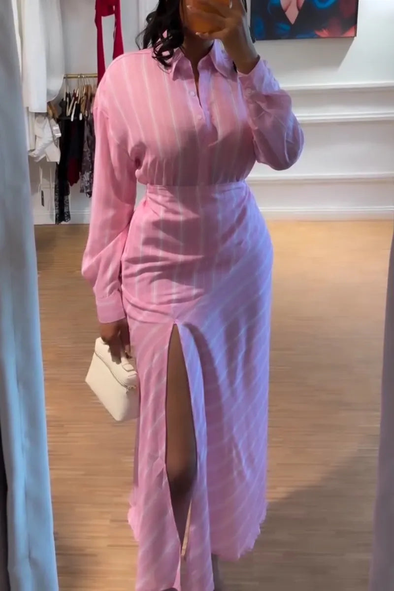 Women Collar Shirt+ Slit Skirt Elegant Casual Set
