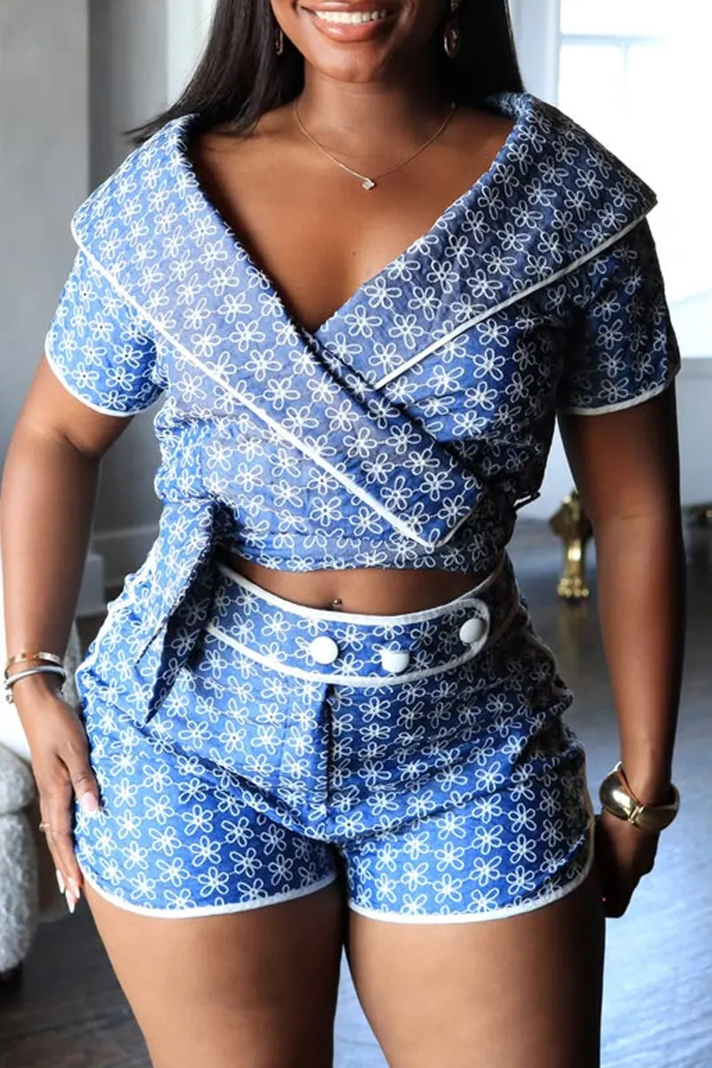 Ladies' Hot Selling Elegant Floral Printed Tops And Shorts